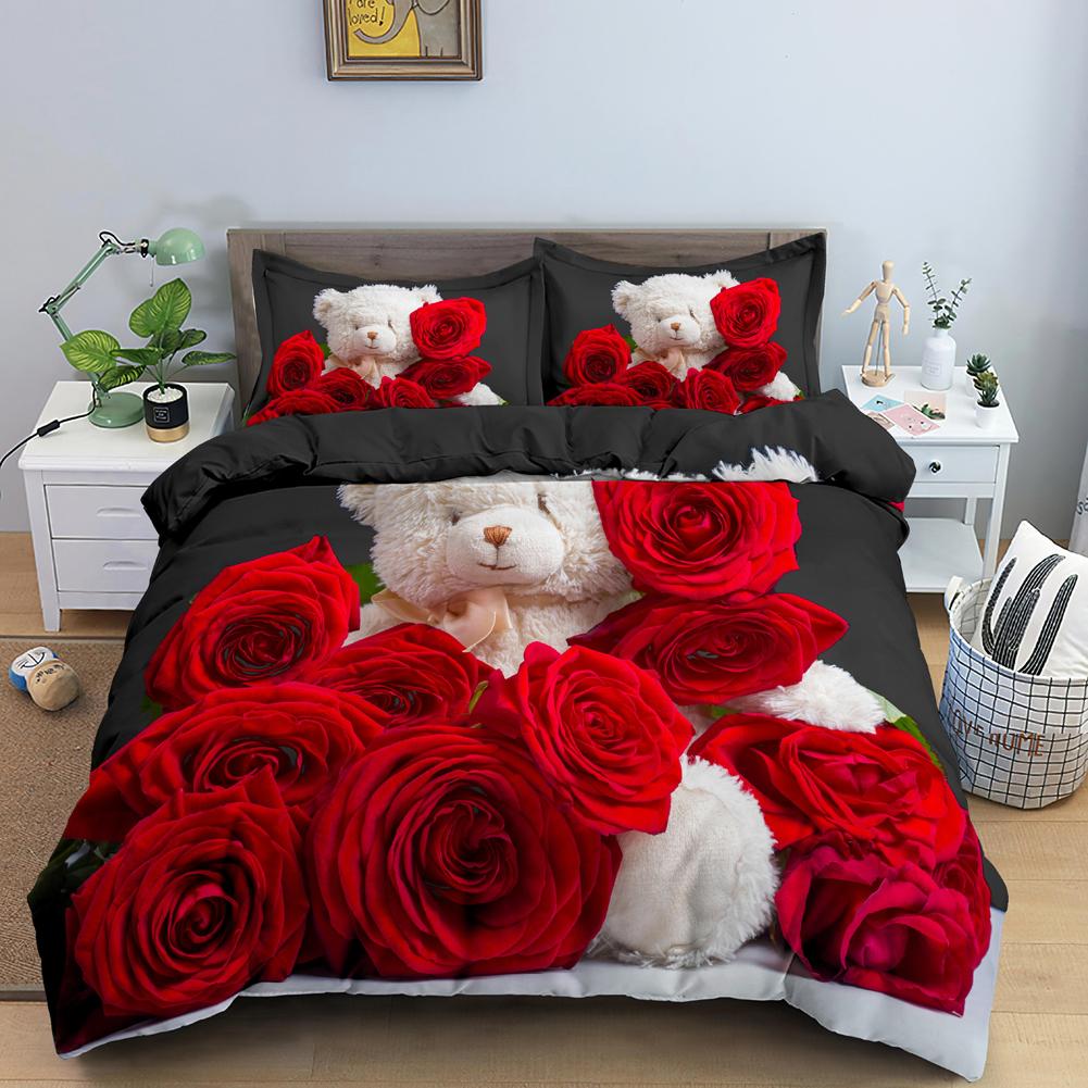 3D Romantiskt Alla hjärtans dag Påslakan Röd Ros Björn Tryckt Påslakan för Flicka Queen Quiltöverdrag Kuddfodral Lyxigt Överdragset