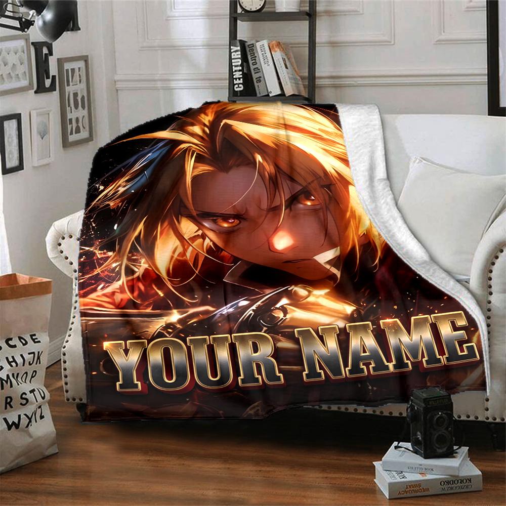 1pc Fullmetal Alchemist Blanket with Custom Name, Gift, for Men and Women, Soft Blanket, Good for Sofa Bed Couch Travel, Lightweight Flannel Blanket