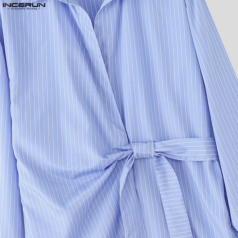 INCERUN Men Spring Turn Down Collar Long Sleeve Side Twisted Striped Print Shirts Tops