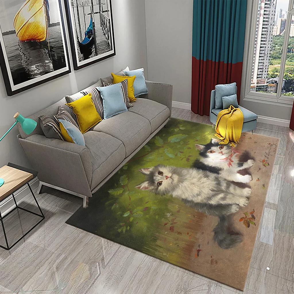 Cute Cat Oil Painting Carpet Bathroom Modern Non-slip Door Mat Kitchen Home Living Room Bedroom Funny Kitty Decor Floor Area Mat