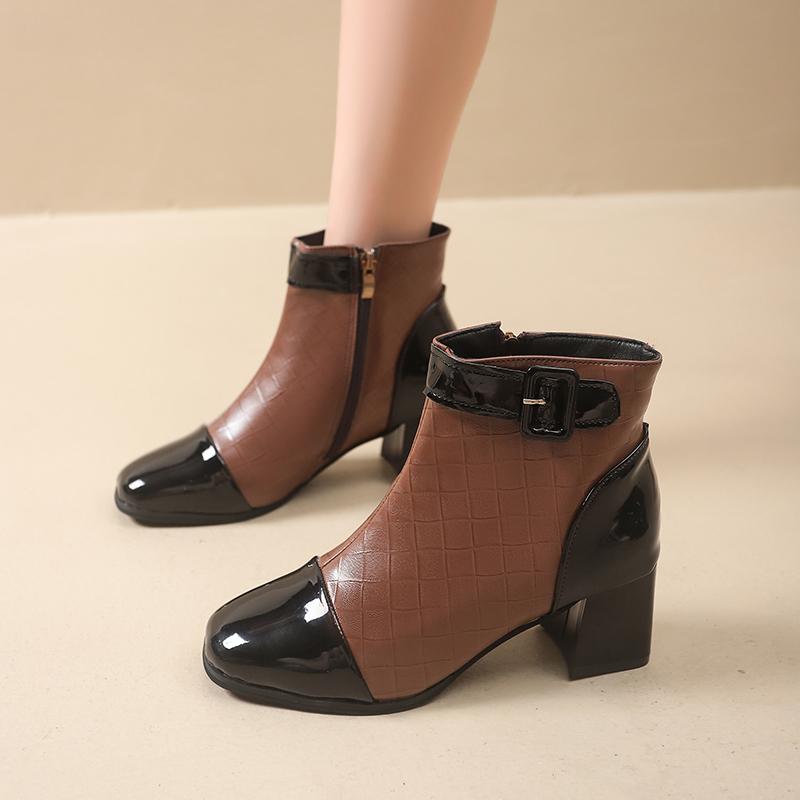 

Fashion Fall Booties Winter New Square Toe Paneled Patent Leather Side Zip Metal Buckle Non-Slip Block Heels 35 коричневый
