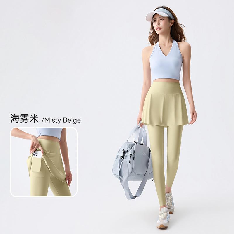 Cool long and short exclusive yoga pants skirt for women's spring/autumn thin high-waist tummy control faux two-piece fitness sports leggings