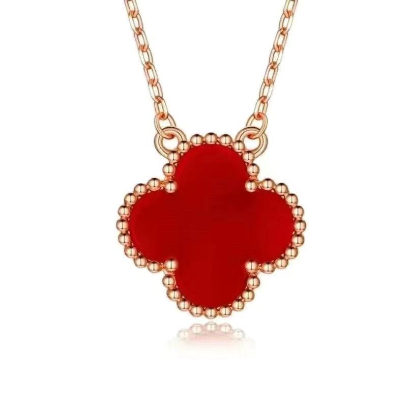 18K Gold-Plated V Design Four-Leaf Clover Necklace with Rose Red Chalcedony, Agate, and White Shell Pendant