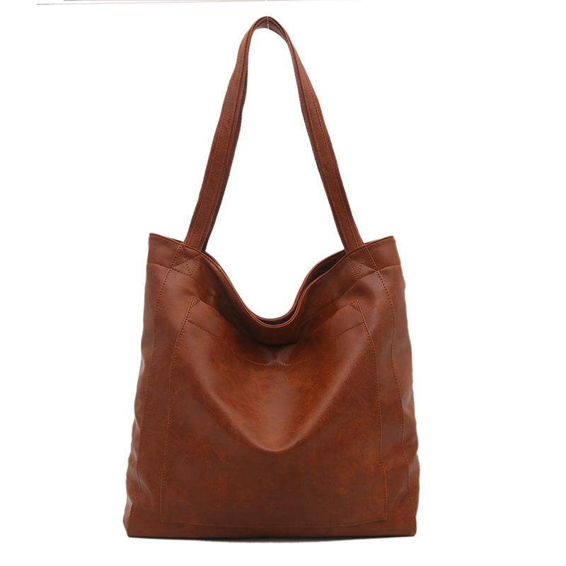 

Women s large bag with pockets, soft leather large capacity shoulder bag, retro bucket bag, commuter advanced sense коричневый