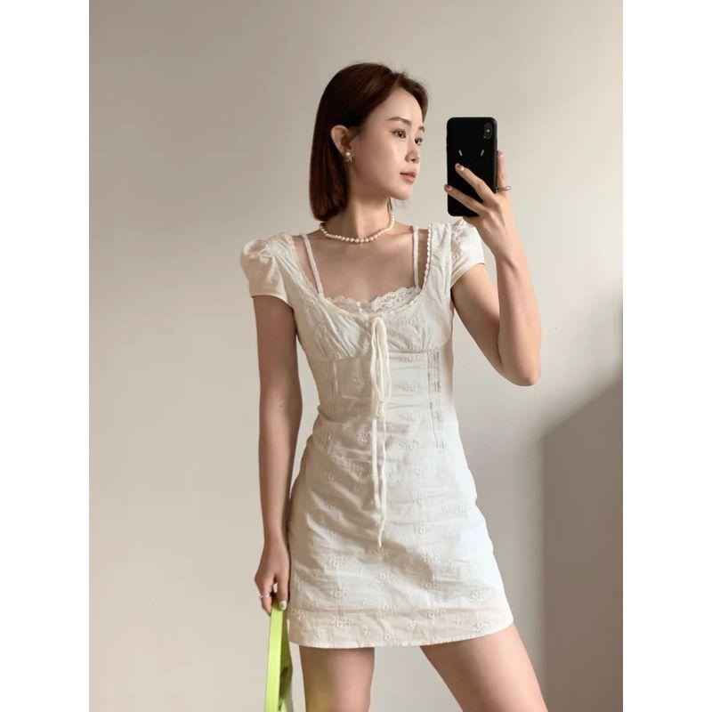 Heart Sweet Pear Super Nice Gentle Temperament Lace-up Short dress Fake Two Pieces Lace Edge Waist Hugging Slimming A Word Dress