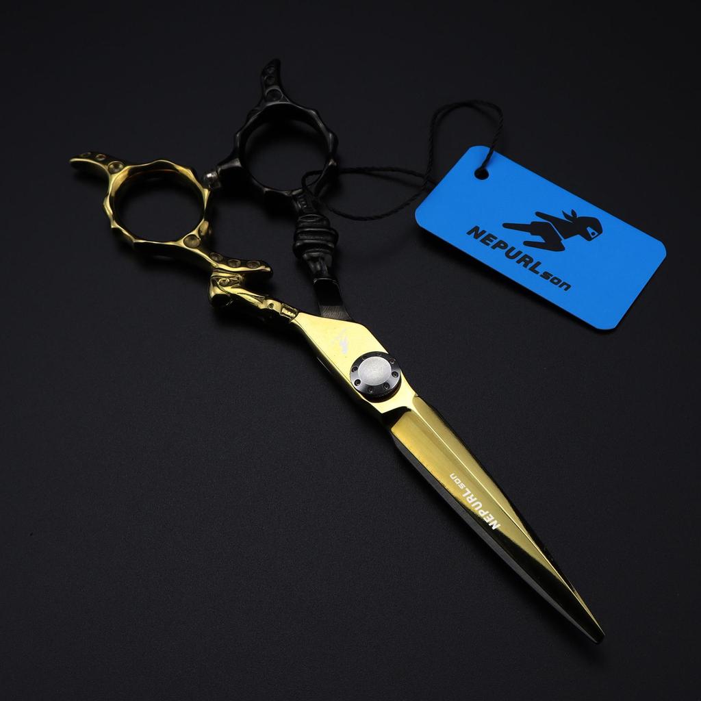 6.0" Black & Gold Personalized Hairdressing Scissors - Straight Barber Shears for Bangs