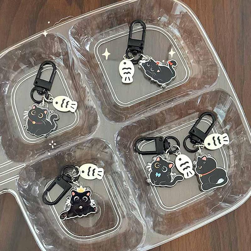 Kawaii Black Cat Little Fish Keychain Cute Cartoon Kitten Acrylic Keyring Couple Key Holder Bag Pendant Hanging Decoration Gifts