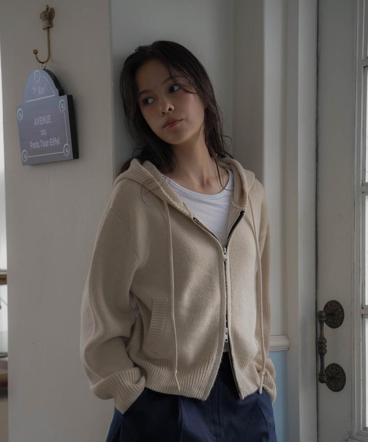 DEHEVE Two-Way Hood Zip-Up Knit [Beige]