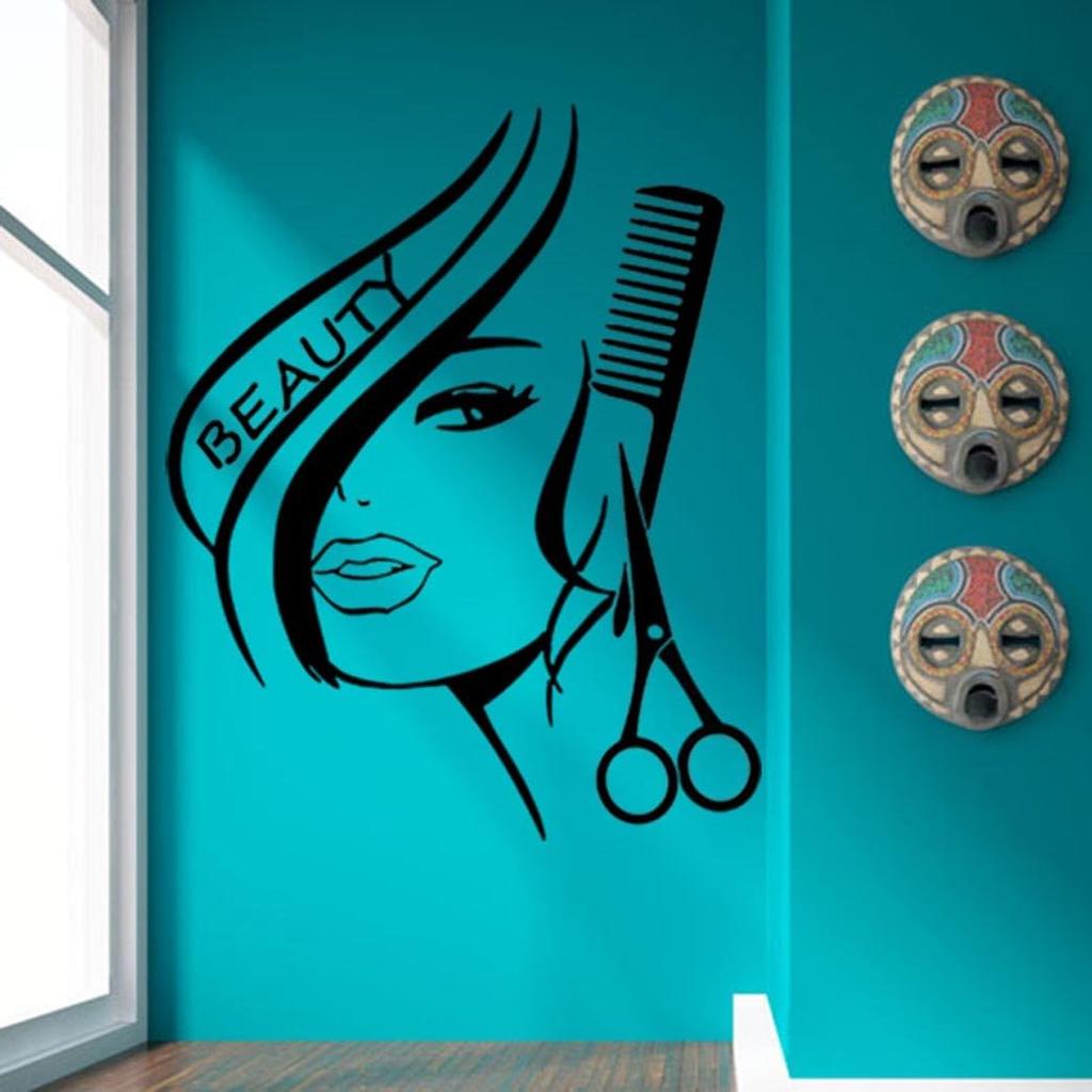 BIBITIME Modern Fashion Beauty Girl Cut Hair with Scissors Comb Barber Shop Wall Decal Window Sticker Hairdressing Salon Creative Personality Vinyl
