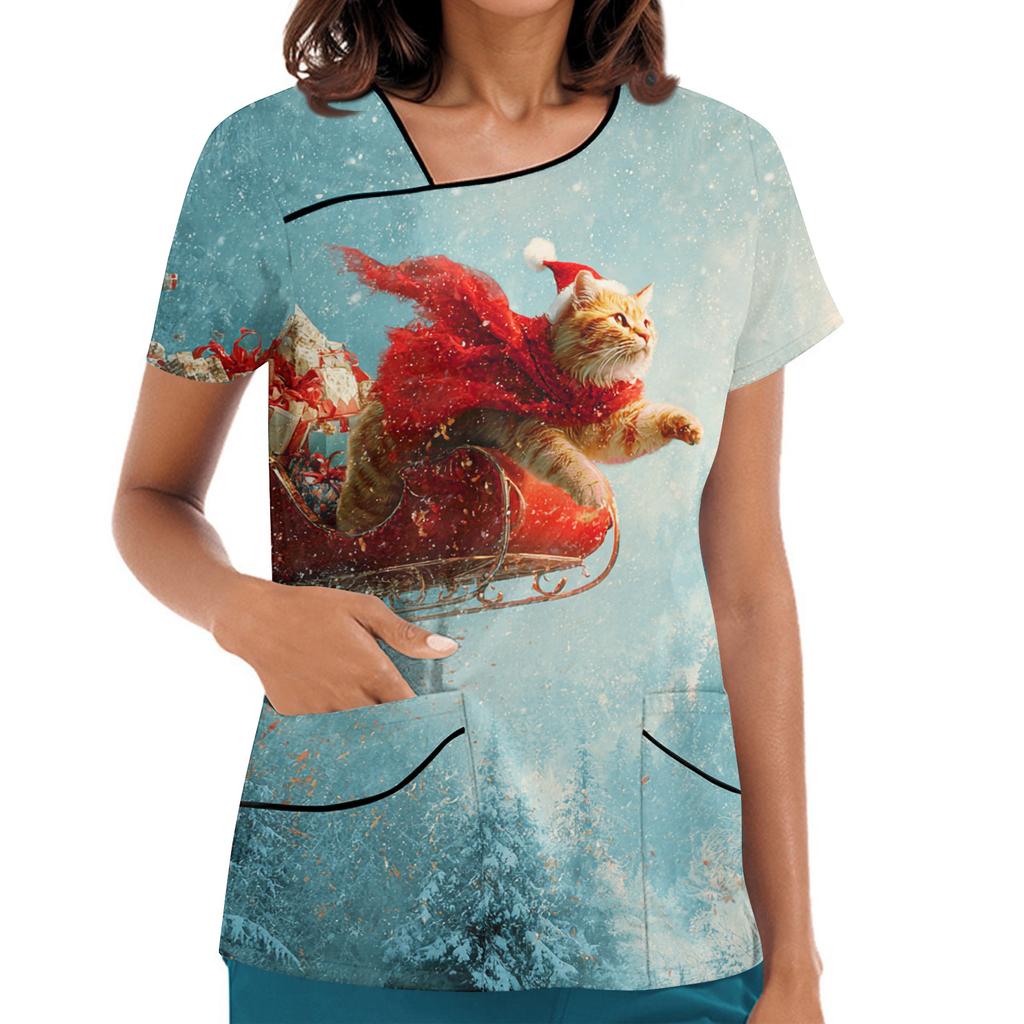 Women's Printed Work Clothes, Sloping Collar And Double Layer Pockets, Basic Top Pullover