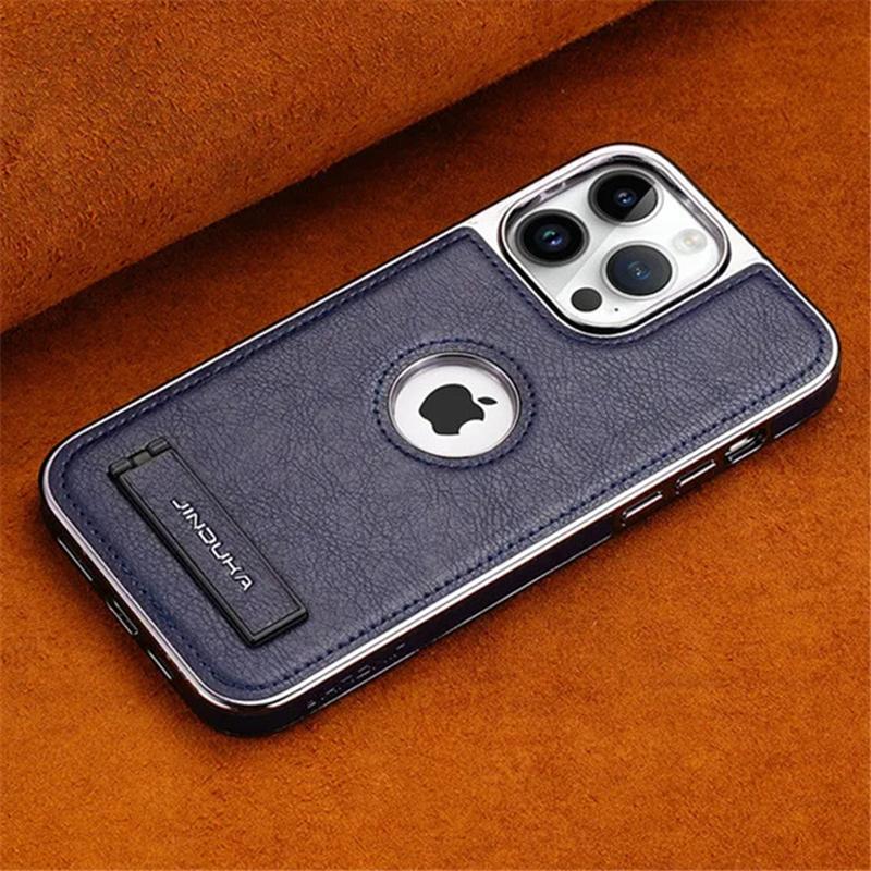Coque de téléphone avec pare-chocs plaqué, cuir, support pliable, pour iPhone 16 15 11 12 13 14 Pro Max Plus, étui fin avec support métallique