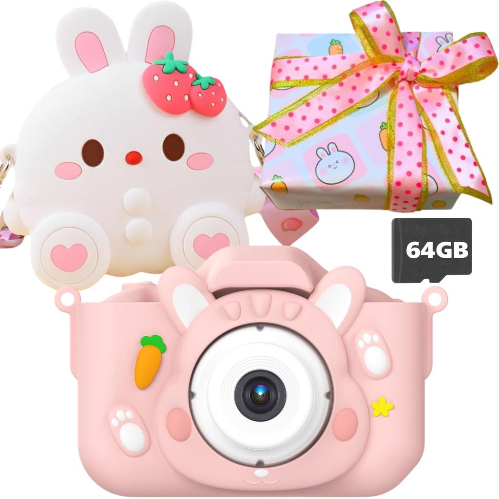 Popoma Kids Camera Toy with 64GB Camera and Game Music and 8x Perfect Gift for Boys and Girls Gift Pouch, Function, Player, Zoom, (02. Wrapping, Pink)