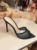 Open-toed pointed mesh rhinestone one-word drag women 2025 new summer wear temperament thin heels high heels cool slippers women