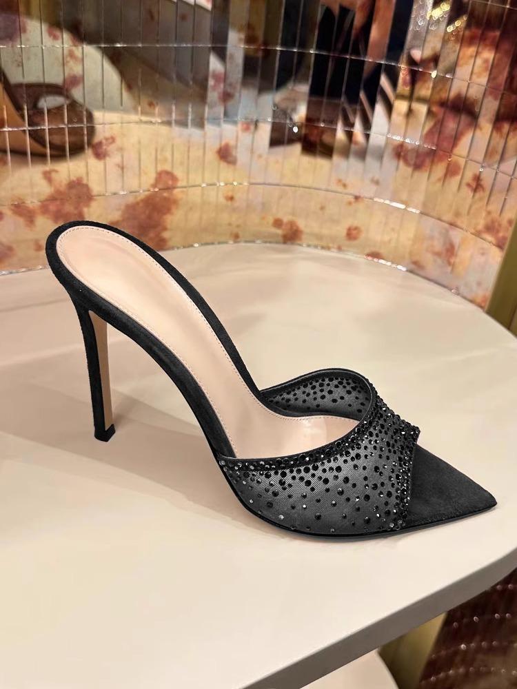 

Женские шлепанцы с открытым носком, острым носком, сеткой, стразами, на тонком каблуке, на высоком каблуке, крутые шлепанцы женские, новинка лета 2025, темпераментные 39 чёрный