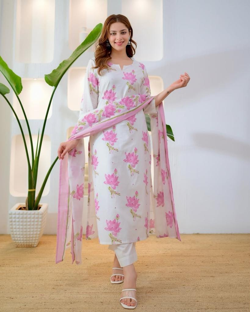 Beautiful Cotton Kurti Pant Dupatta Set Indian Bollywood Top Tunic Kurta Set