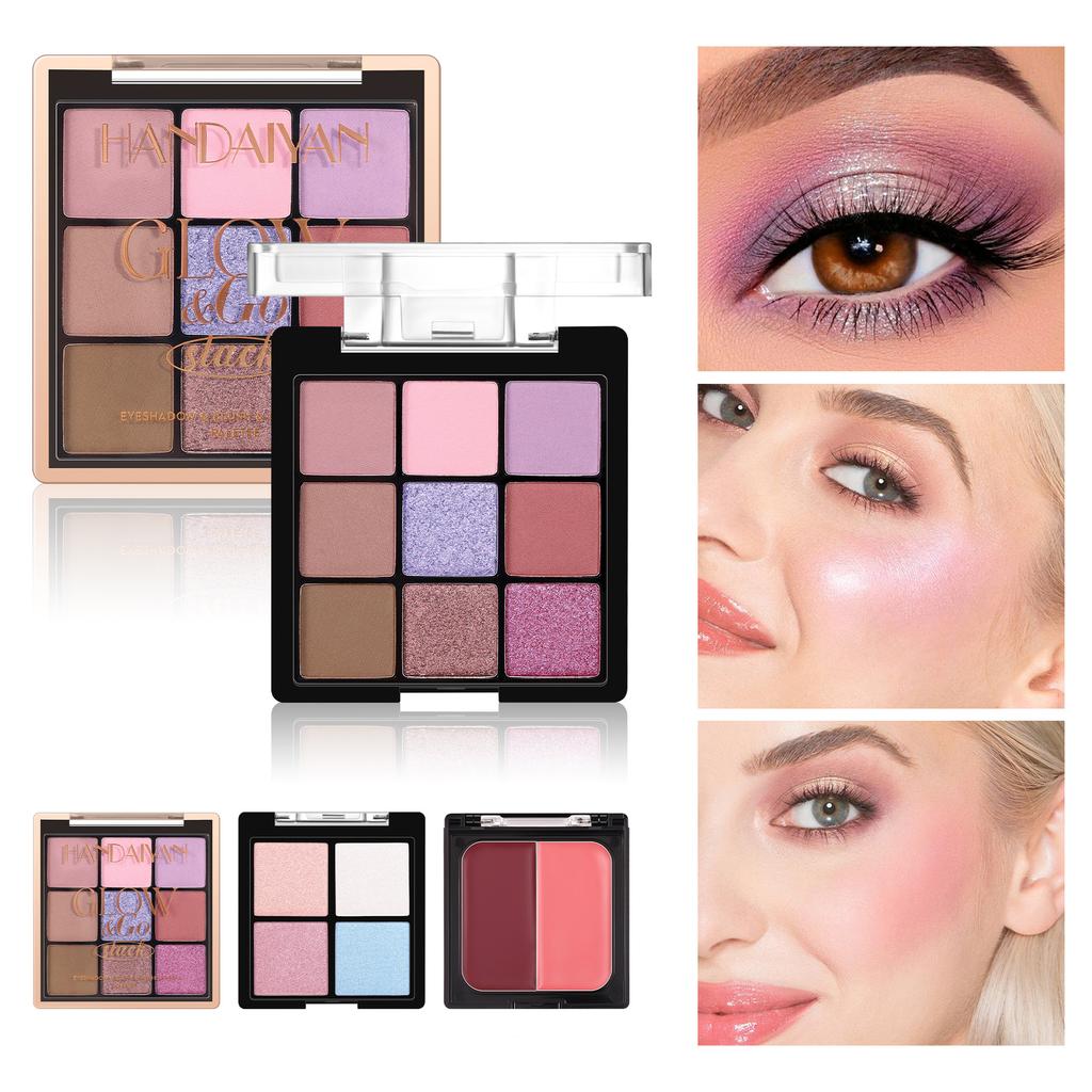 3-in-1 Multi-Layer Makeup Palette, Eyeshadow Blush and Highlighter Combo Set, All-in-One Face Glow Palette with Shimmer Eyeshadow and Cream Blush