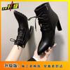 Pointed high heels thick heel short boots women's new lace-up versatile thin Martin boots tide
