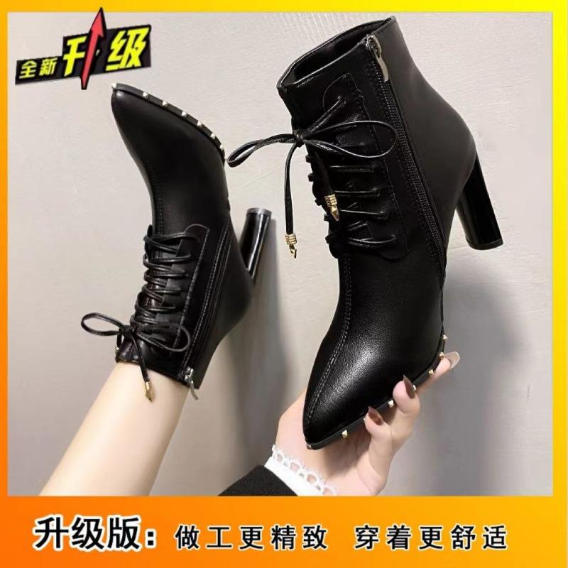 Pointed high heels thick heel short boots women's new lace-up versatile thin Martin boots tide