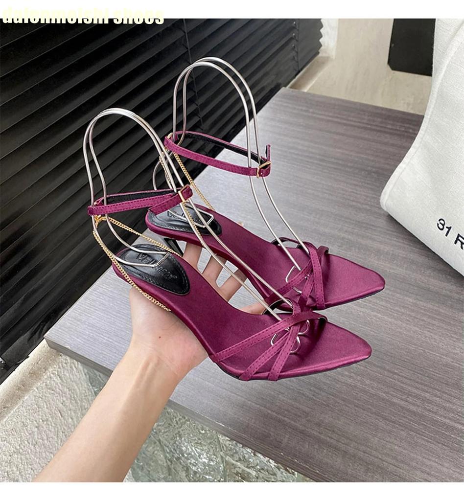 Fashion Pointed Toe Metal Chain High-Heeled Shoes for Women Summer Stiletto Heel Satin Open-Toe Sandals Sexy Purple 2025 New Styles