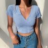 Y2k Style Summer Retro Floral V-neck Crop Top Slimming Wild High Waist Streetwear Tshirt Short Sleeve Women's T-shirt