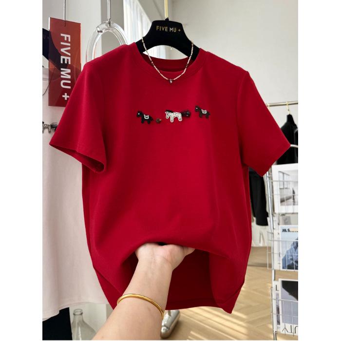 Plus Size Cartoon Embroidered Fleece T-Shirt - Women s Spring Casual XL up to 140 jin