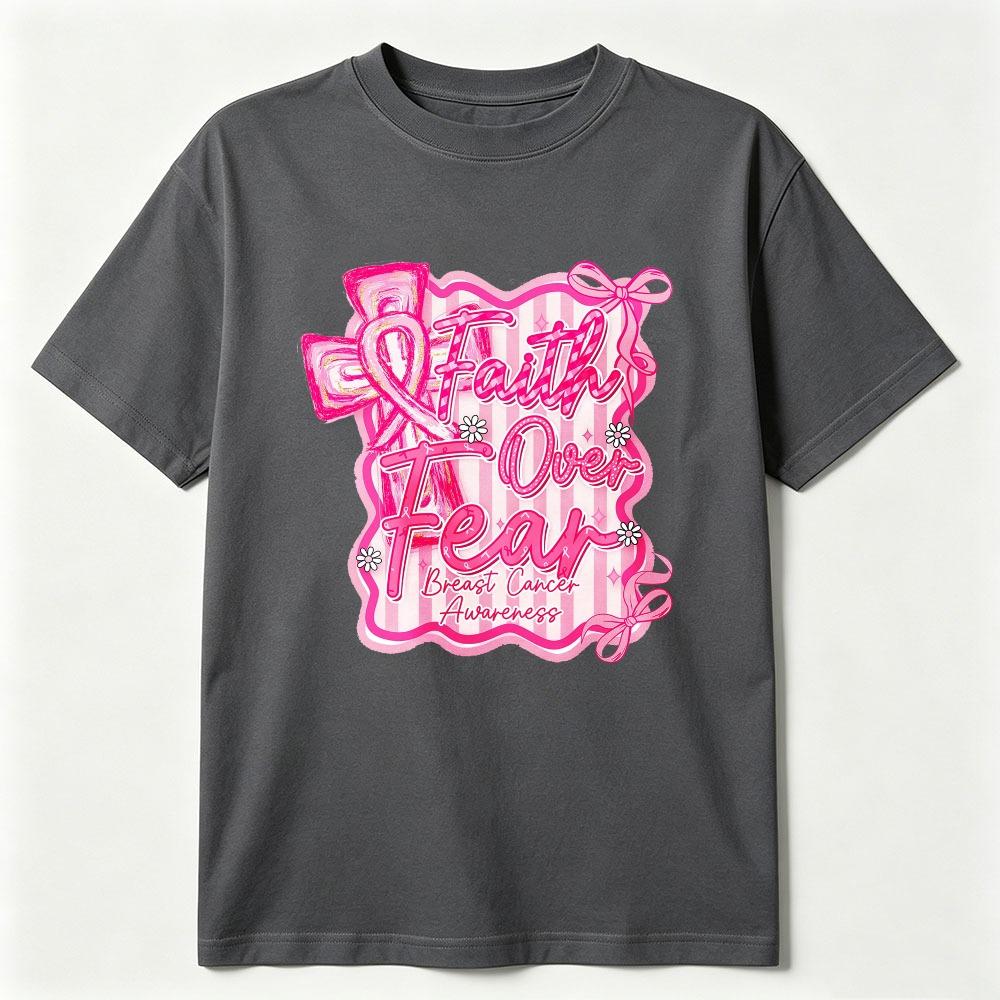 Preppy Breast Cancer Faith Over Fear Coquette Tshirt Breast Cancer Awareness Shirt Breast Cancer Cotton Tee Pink Ribbon Clothing