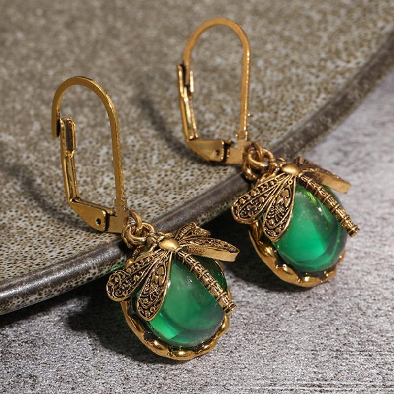 Vintage Bronze Dragonfly Earrings Fashion Gold Color Metal Carving Pattern Inlaid Multicolour Moonstone Drop Earrings For Women