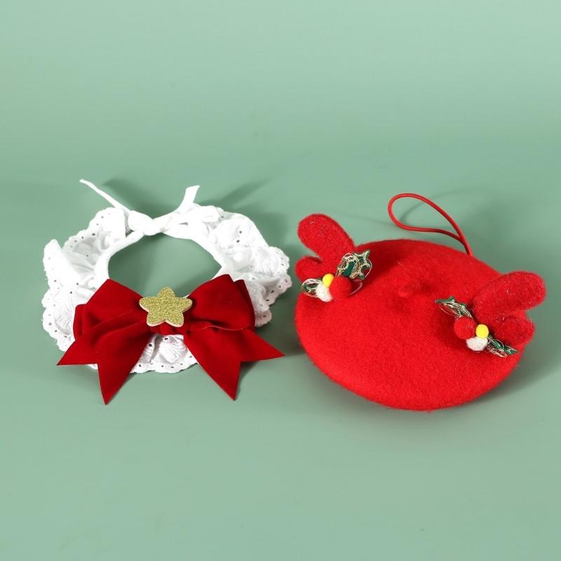 Puppy Christmas Supplies Beret Hat with Necklace Photo Props Festive Collar Christmas Photo Props Supplies