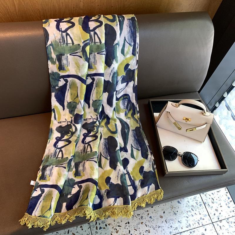 Spring and summer cotton and linen feel scarf Bali yarn fringed literary printing shawl fashionable versatile women s small fresh shawl 90*180