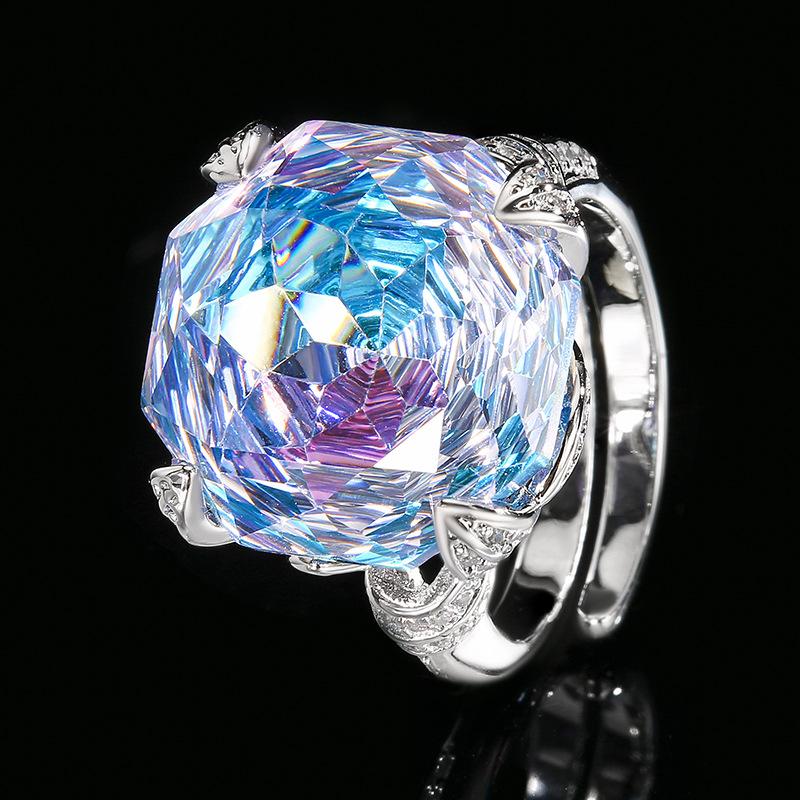 

Jewelry Copper Bottom Gold-Plated Imitation Rose Cut Sea Blue Temperament Ring Main Stone 16Mm