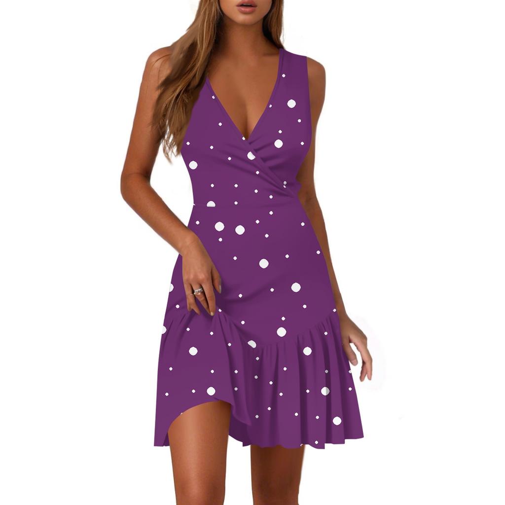 Ladies Casual Fashion V-Neck Sleeveless  Print Dress