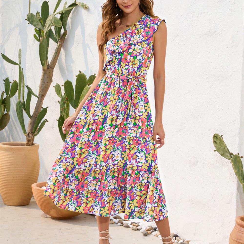 

GMXIA Новое платье с косыми бретелями и цветочным принтом, элегантное свободное платье для отдыха и отпуска XXL розовый