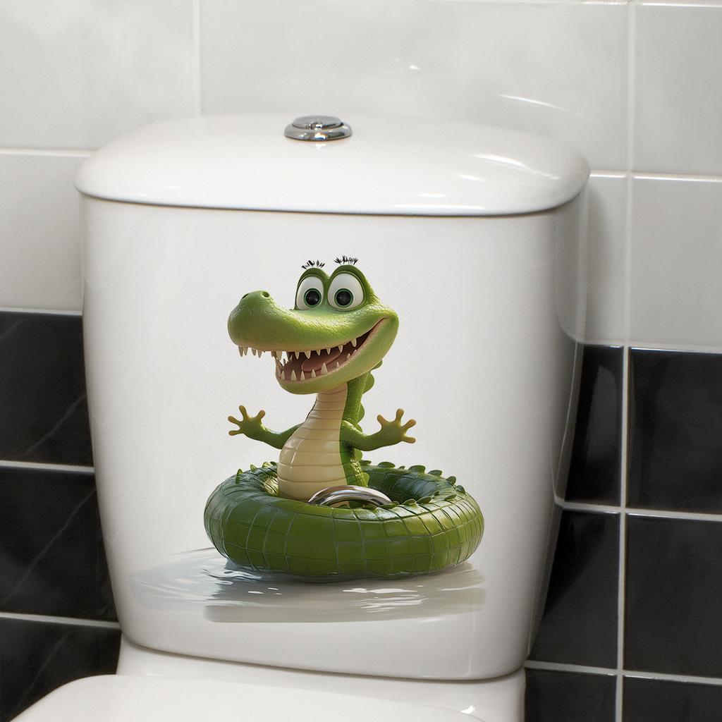 Cartoon Alligator Toilet Stickers, Waterproof Self-Adhesive Decals for Bathroom Decor