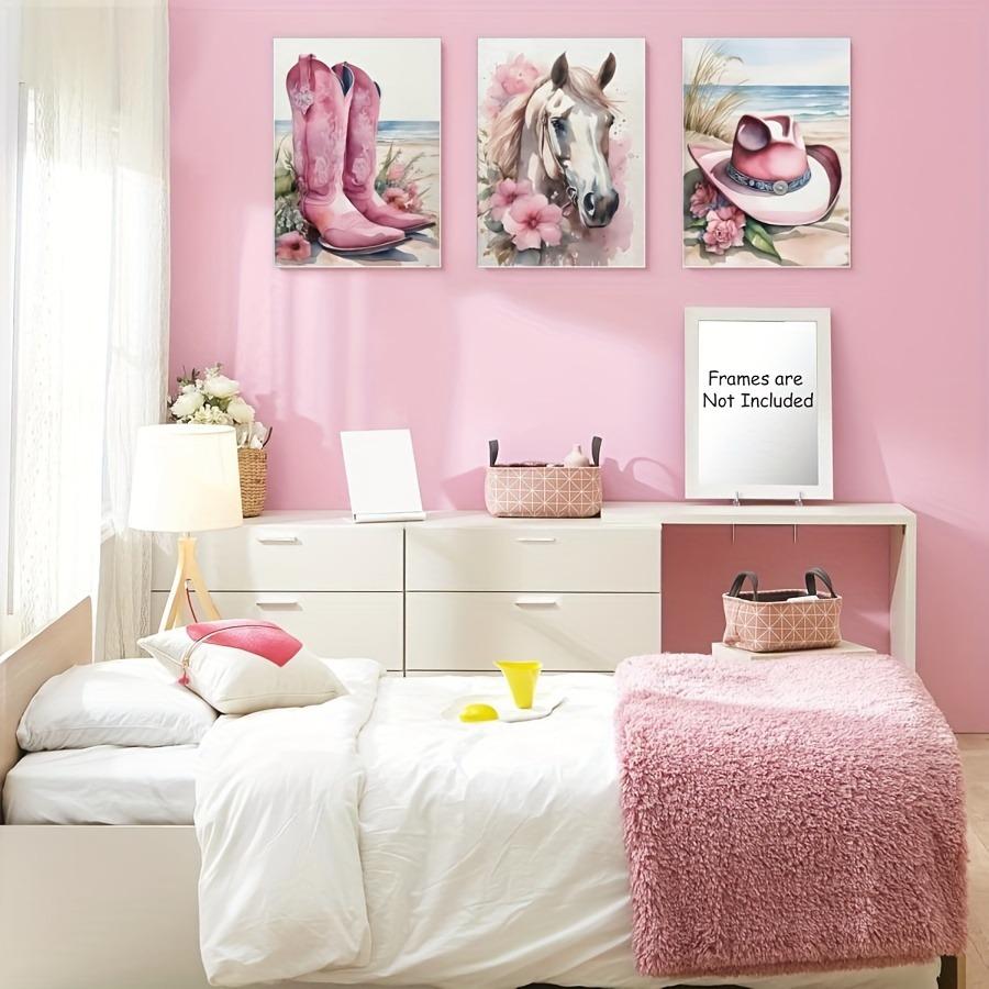 Chic Cowgirl Canvas Wall Art Set - Pink Floral, Boots & Hat Design - Trendy Preppy Decor for Girls' Bedroom or Dorm