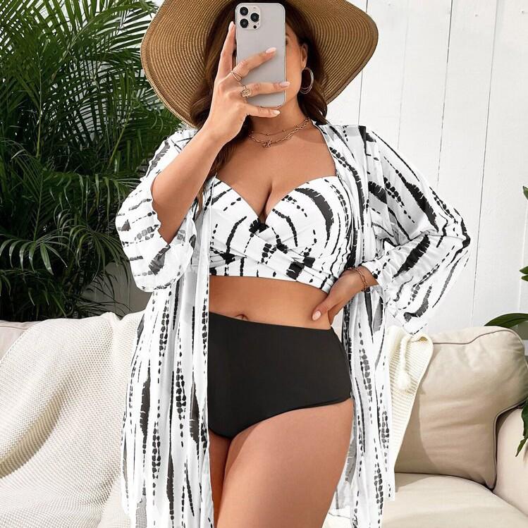 2026 European Plus Size Printed Swimsuit Set: Three-Piece Cover-up for Sexy Vacation Fashion