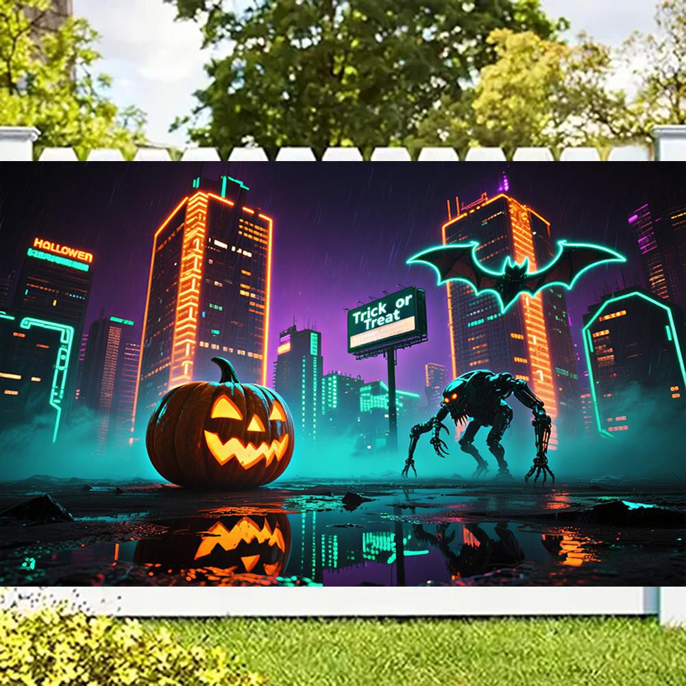 Sci-fi Style-Jack-o'-lantern,Bats,Ghost Design-Halloween Backdrop Banner for Photo Booth,Indoor/Outdoor,Event Party,Holiday