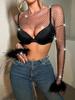 Rhinestone Sparkly Feather Cuff Women's Long Sleeve Super Short Top Cover-up