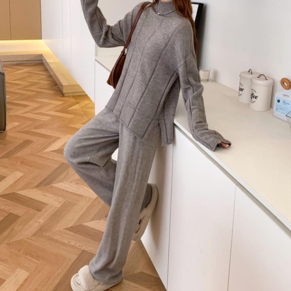 

Осенне-зимний свободный и универсальный вязаный свитер женский с высокой талией вертикальный прямой повседневный трикотажный повседневный комплект из двух предметов One Size серый