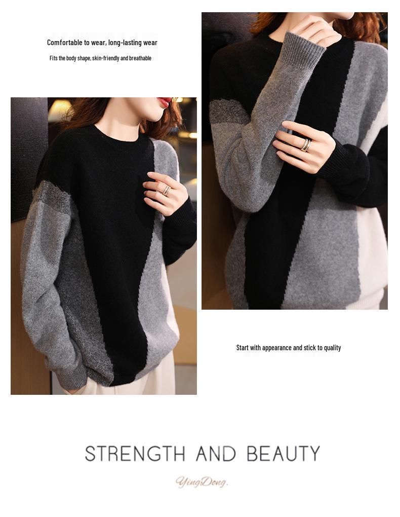 2024 Women's Elegant Color Block Wool Knit Pullover - Round Neck Loose Casual Sweater