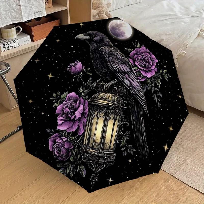 1pc Moonlit Raven with Purple Roses Umbrella with Plastic Handle,Suitable for All Seasons Home Travel Outdoor UmbrellaDD1530