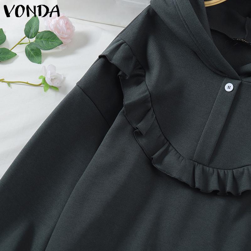 VONDA Women Long Sleeve Ruffled Solid Color Hooded Sweatshirts