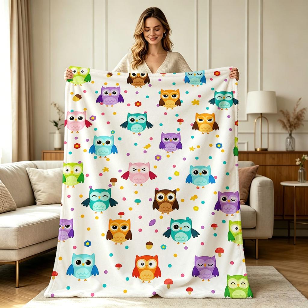 Soft Flannel All Season Cute Owl Pattern Print Throw Blanket Lightweight Warm Cozy Decorative Blanket for Sofa Couch Chair Bedroom Living Room Office