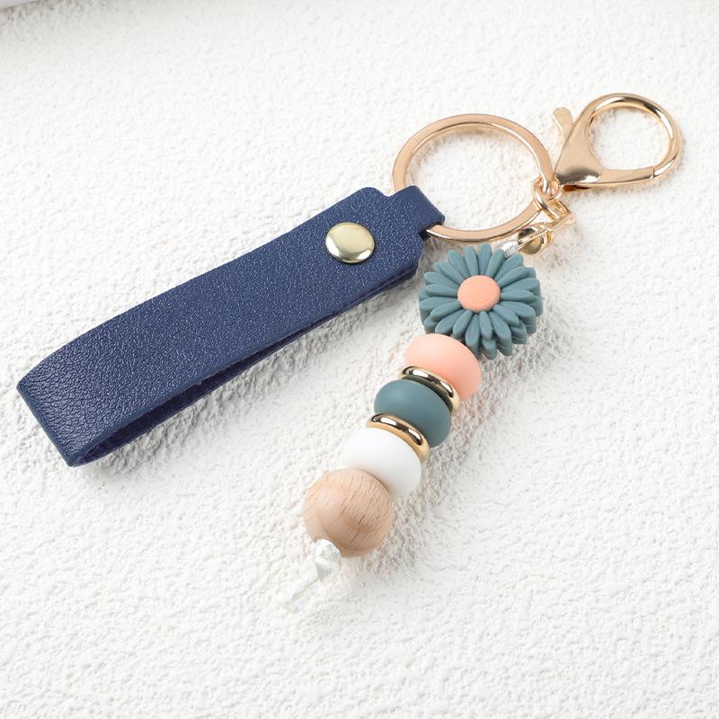 Boho Wood Bead Flower Keychain PU Leather Wrist Strap Metal Key Ring Trendy Bag Pendant for Girls
