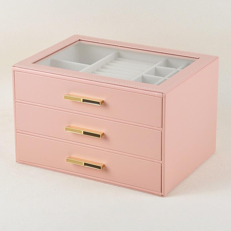 3-Layer Drawer Jewelry Box With Glass Lid, PU Leather Large Capacity Jewelry Organizer Storage Case For Earrings, Necklaces, Rings, Bracelets