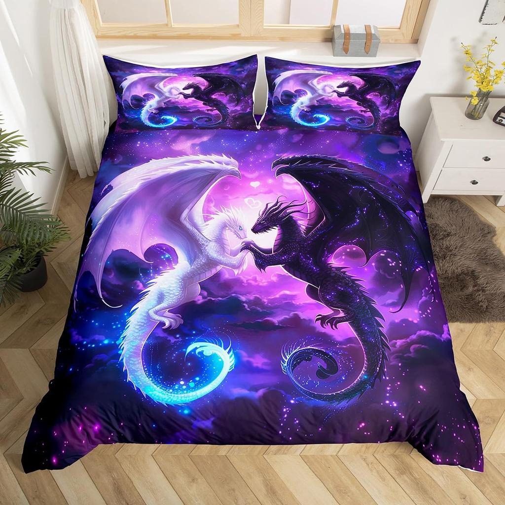 Galaxy Dragon Duvet Cover Sets For Kids Boys Girls Queen Lightweight Quilt Covers Starry Sky Jungle Animals Dragon Bedding Set