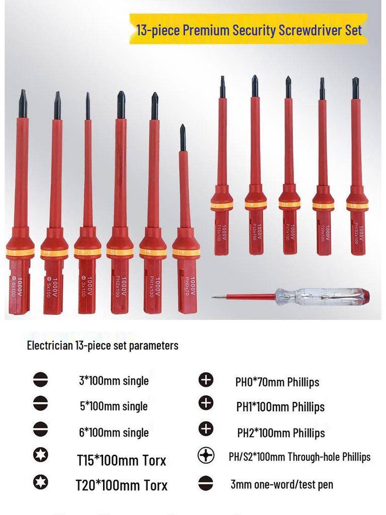 13-Piece Insulated Electrician Screwdriver Set - Phillips & Slotted, High Voltage Resistant S2.