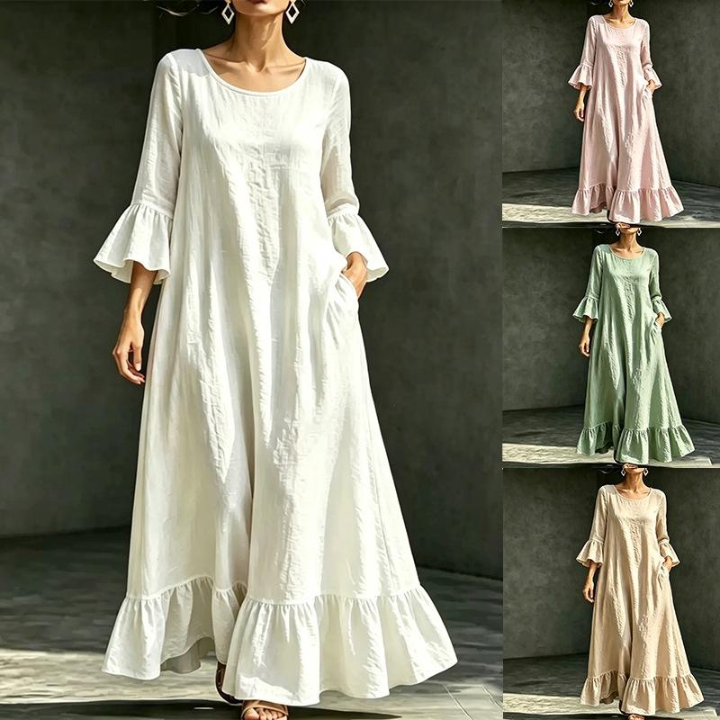 Women Round Neck Bell Sleeve Ruffle Hem Maxi Dress with Pockets Solid Color Casual Loose Fit Dress