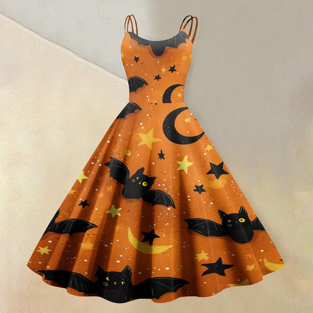 Women's Sleeveless Casual Dress Halloween Print Round Neck Vintage Style Swing Dress with Adjustable Straps for Everyday Wear