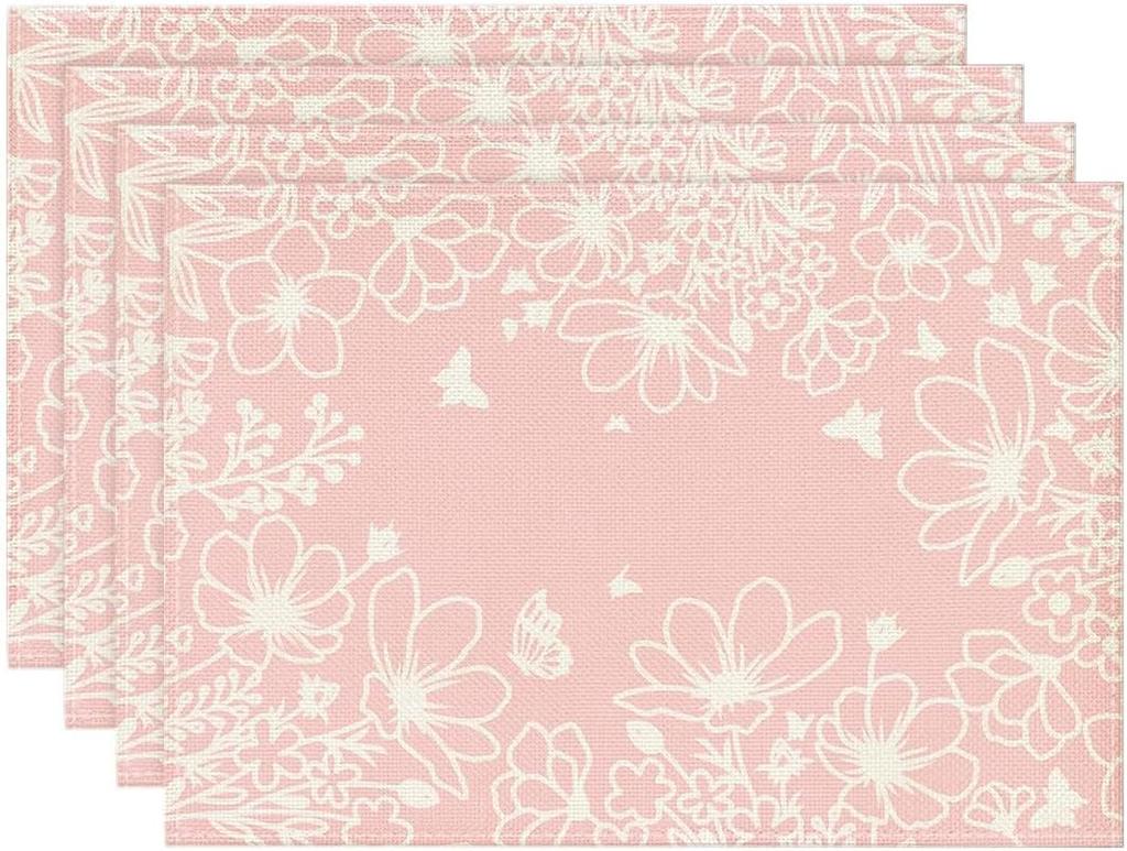 Pink Bloom Flowers Summer Placemats Set of 4, 12x18 Inch Seasonal Spring Table Mats for Party Kitchen Dining Pink Decoration