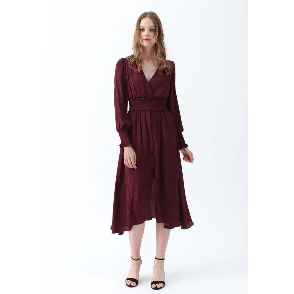 New V-Neck Long Sleeve Burgundy Women's Casual Dress For Spring Autumn
